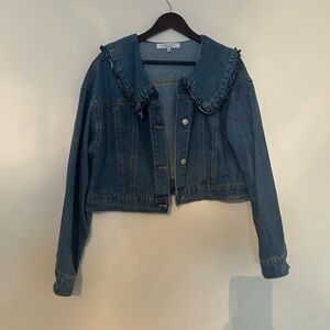 Blue Denim Cropped Jacket with Ruffle Collar Petites/teen